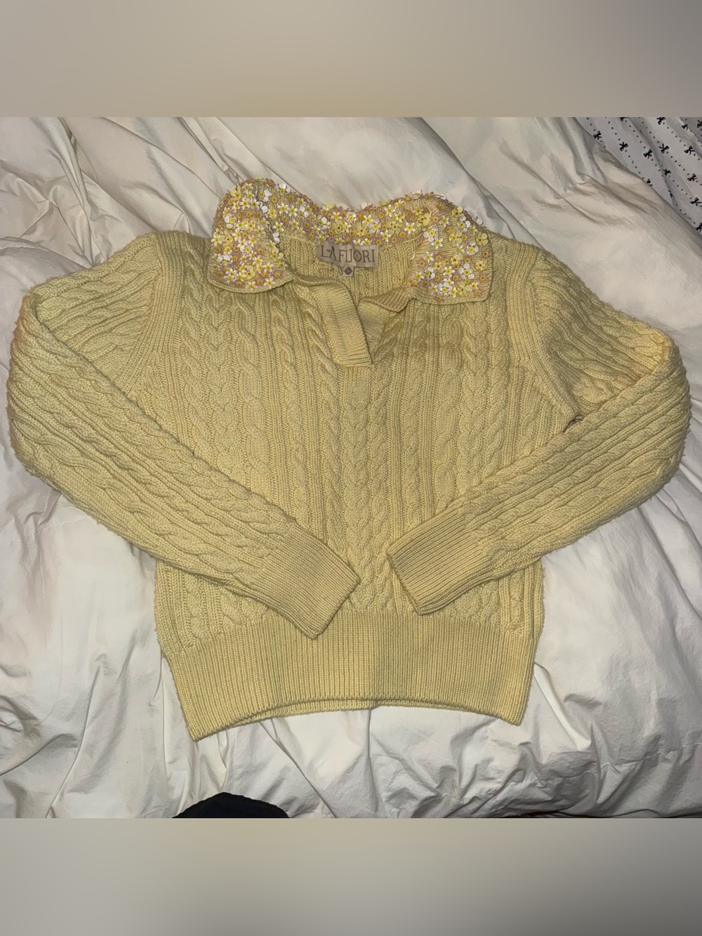 La Fuori Butter Yellow Collared Cable Knit Sweater with Floral Sequin Detail S